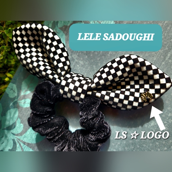 LELE SADOUGHI B & W Checked Velvet Rabbit Ears Hair Ponytail BLACK Scrunchie NEW - Picture 3 of 9